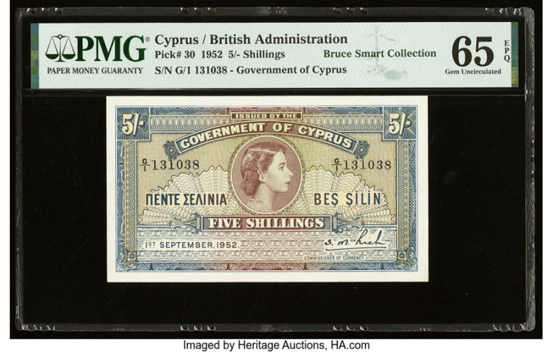 Cyprus Central Bank of Cyprus 5 Shillings 1.9.1952 Pick 30 PMG Gem Uncirculated ...