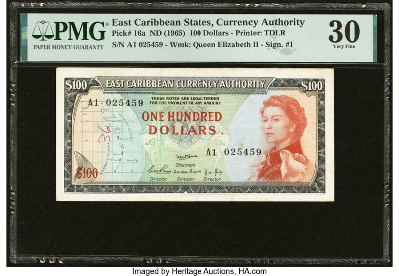 East Caribbean States Currency Authority 100 Dollars ND (1965) Pick 16a PMG Very...