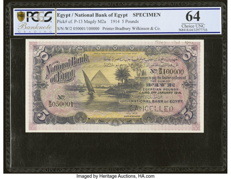 Egypt National Bank of Egypt 5 Pounds 2.1.1914 Pick 13s Specimen PCGS Banknote C...