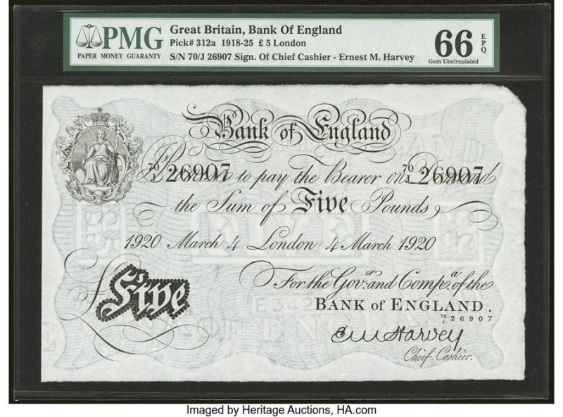 Great Britain Bank of England 5 Pounds 4.3.1920 Pick 312a PMG Gem Uncirculated 6...