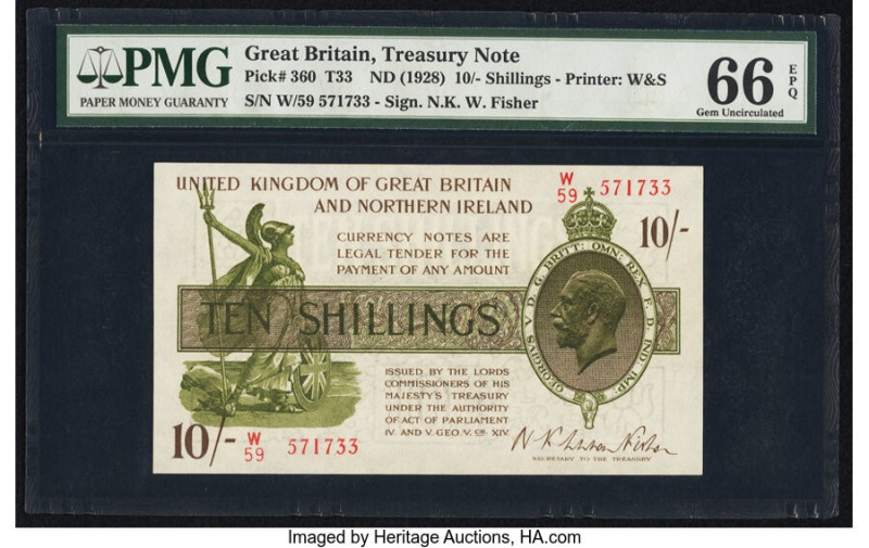 Great Britain Treasury Note 10 Shillings ND (1928) Pick 360 PMG Gem Uncirculated...