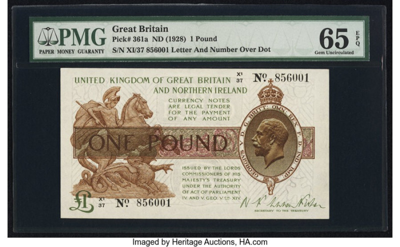 Great Britain Treasury Note 1 Pound ND (1928) Pick 361a PMG Gem Uncirculated 65 ...