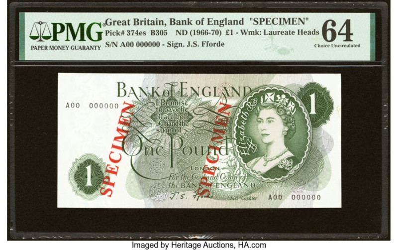 Great Britain Bank of England 1 Pound ND (1966-70) Pick 374es Specimen PMG Choic...