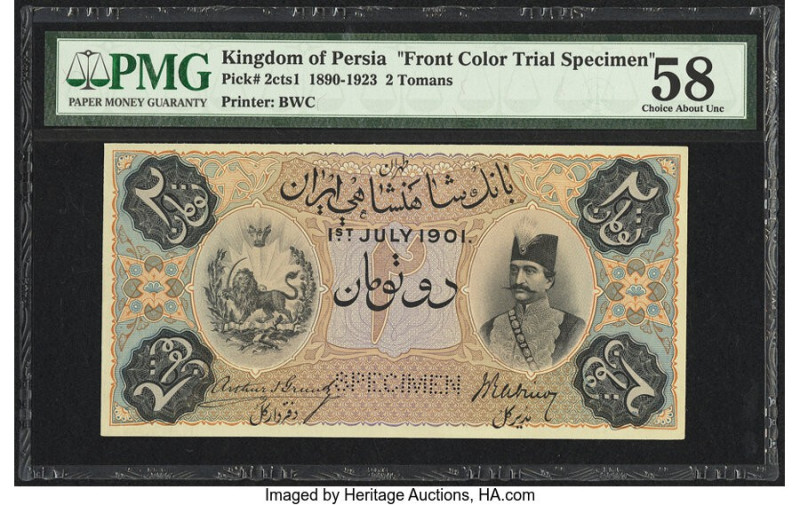 Iran Kingdom of Persia, Imperial Bank 2 Tomans 1.7.1901 Pick 2cts1 Color Trial S...