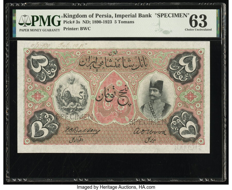 Iran Kingdom of Persia, Imperial Bank 5 Tomans ND (1890-1923) Pick 3s Specimen P...