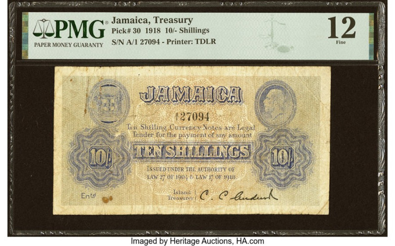 Jamaica Treasury 10 Shillings 1918 Pick 30 PMG Fine 12. On the front is a compel...