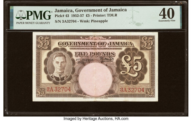 Jamaica Government of Jamaica 5 Pounds 1.8.1952 Pick 43 PMG Extremely Fine 40. J...