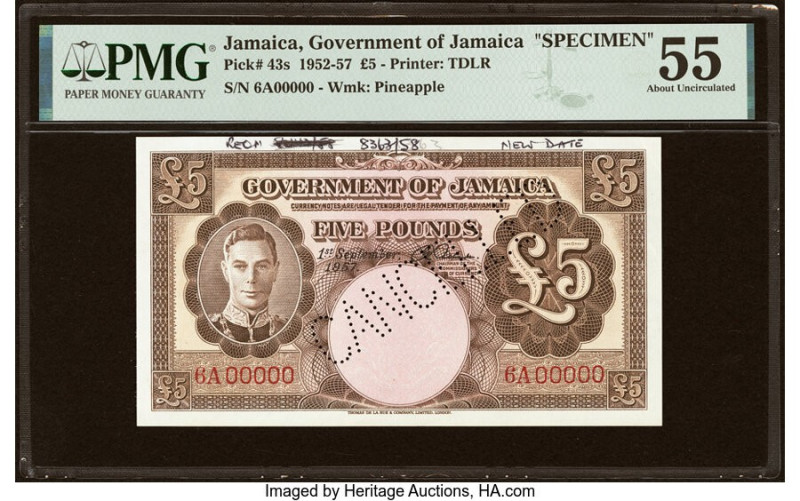 Jamaica Government of Jamaica 5 Pounds 1.9.1957 Pick 43s Specimen PMG About Unci...