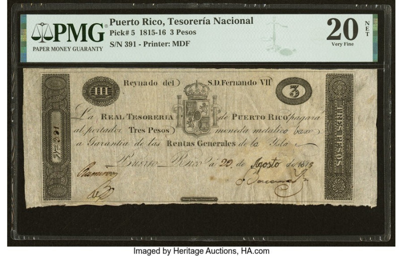 Puerto Rico Tesoreria Nacional 3 Pesos 29.8.1815 Pick 5 PMG Very Fine 20 Net. Pu...