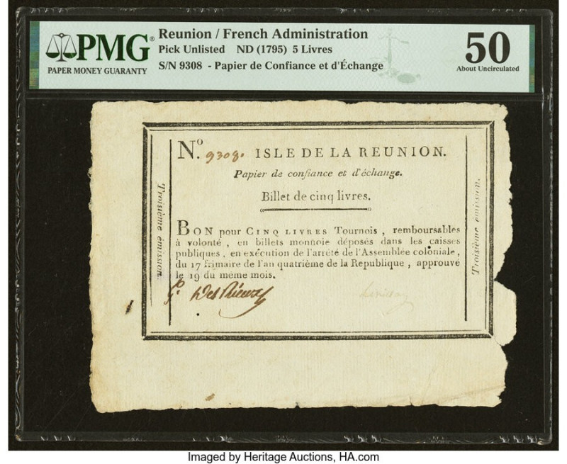 Reunion Papier de Confiance et d'Echange 5 Livres ND (1795) Pick UNL PMG About U...