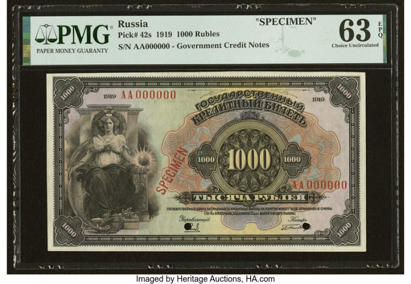 Russia Government Credit Note 1000 Rubles 1919 Pick 42s Specimen PMG Choice Unci...