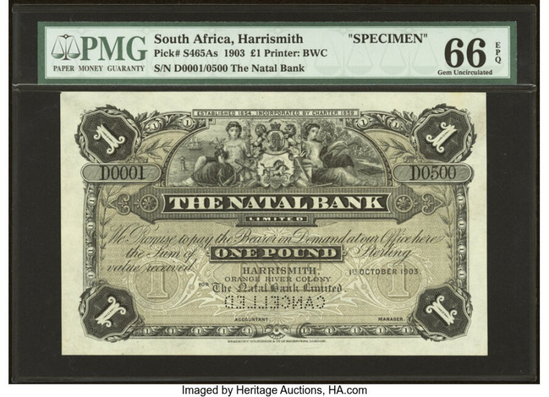 South Africa Natal Bank Limited 1 Pound 1.10.1903 Pick S465As Specimen PMG Gem U...