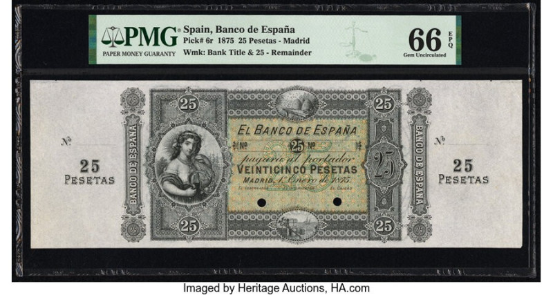 Spain Banco de Espana 25 Pesetas 1.1.1875 Pick 6r Remainder PMG Gem Uncirculated...