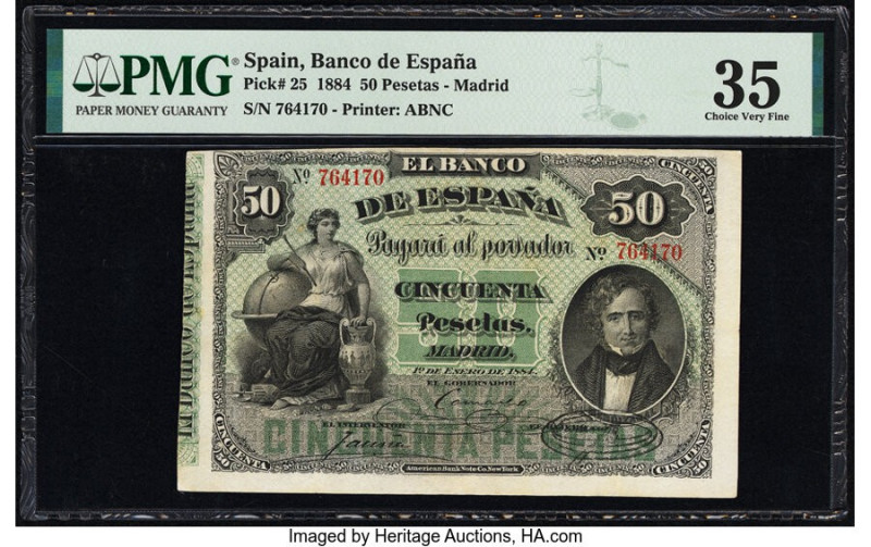 Spain Banco de Espana 50 Pesetas 1.1.1884 Pick 25 PMG Choice Very Fine 35. A cha...