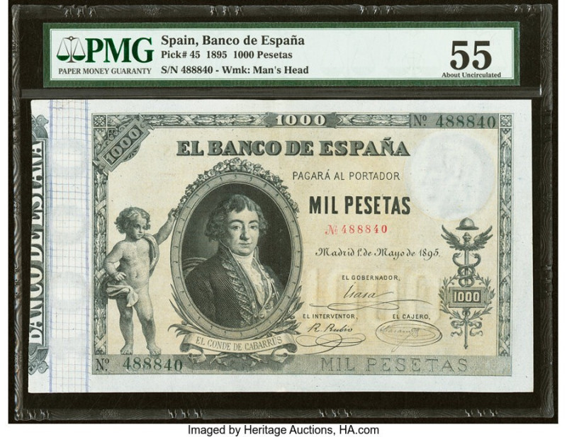 Spain Banco de Espana 1000 Pesetas 1.5.1895 Pick 45 PMG About Uncirculated 55. A...