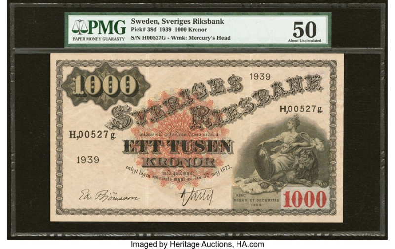 Sweden Sveriges Riksbank 1000 Kronor 1939 Pick 38d PMG About Uncirculated 50. PM...