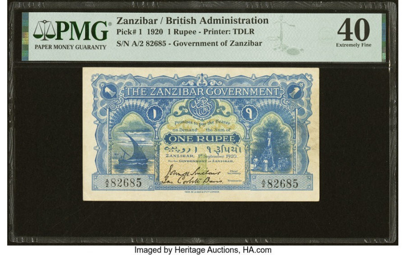 Zanzibar Zanzibar Government 1 Rupee 1.9.1920 Pick 1 PMG Extremely Fine 40. Zanz...