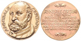 BOLOGNA
Annibale Certani (ingegnere e agronomo), 1829-1914. Medaglia opus B. Boari. 
Æ gr. 115,51 mm 60,0
Dr. Busto, di scorcio, verso s.; sotto, B...
