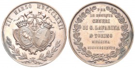 MESSINA
Giuseppe La Farina (politico e scrittore), 1815-1863. Medaglia 1882.
Æ gr. 72,02 mm 53
Dr. XII MARZO MADCCCLXXII. Stemma di Torino e di Mes...