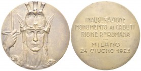 MILANO
Durante Vittorio Emanuele III, 1900-1943. Medaglia 1923.
Æ gr. 66,01 mm 54
Dr. Busto allegorico femminile, frontale, con elmo, e spada. Rv. ...