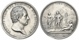 SAVOIA
Carlo Felice, 1821-1831. Medaglia 1824 opus A. Lavy.
Ag gr. 60,55 mm 52,4
Dr. CAROLVS FELIX REX SARDINIAE DUX SABAUDIAE. Busto a s.; in eser...