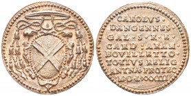 FRANCIA
Charles d’Angennes 1530-1587. Medaglia 1583.
Æ gr. 20,5 mm 44,5
Dr. Stemma del Cardinale tra due cupidi, sormontato da galero. Rv. CAROLVS ...