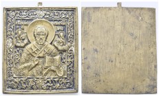 RUSSIA
 Icona sec. XIX.
Æ mm 112 x 92,6
Dr. Il Santo benedicente tiene il Vangelo aperto; ai due lati, Cristo e la Vergine, entro cornice floreale....