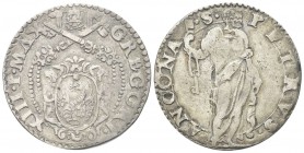 ANCONA
Gregorio XIII (Ugo Boncompagni), 1572-1585. Testone.
Ag gr. 9,33
Dr. GREGORI - XIII P MAX. Stemma ovale in cornice, sormontato da triregno e...