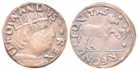 AQUILA
Ferdinando I d’Aragona (Ferrante), 1458-1494. Cavallo con aquiletta.
Æ gr. 2,06
Dr. FERDINANDVS - REX. Busto radiato a d. Rv. EQVITAS. Caval...