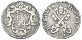 BOLOGNA
Clemente XII (Lorenzo Corsini), 1730-1740. Carlino da 5 Bolognini 1738.
Ag gr. 1,29
Dr. Stemma ovale in cornice sormontato da maschera leon...