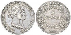 LUCCA E PIOMBINO
Felice e Elisa Baciocchi, 1805-1814. 5 Franchi 1807, Busti medi.
Ag 
Dr. Busti accollati a d. Rv. Valore tra due rami di alloro. ...
