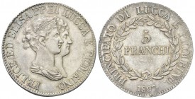 LUCCA E PIOMBINO
Felice e Elisa Baciocchi, 1805-1814. 5 Franchi 1807, Busti medi.
Ag 
Dr. Busti accollati a d. Rv. Valore tra due rami di alloro. ...