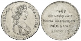 MILANO
Repubblica Cisalpina, 1800-1802. 30 Soldi a. IX (1801), busto medio 2° tipo.
Ag 
Dr. Busto della Repubblica Cisalpina a d. Rv. Iscrizione su...
