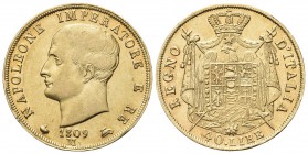 MILANO
Napoleone I Re d’Italia, 1805-1814. 40 Lire 1809 puntali aguzzi.
Au 
Dr. Testa nuda a s. Rv. Stemma coronato su padiglione sorretto da alaba...
