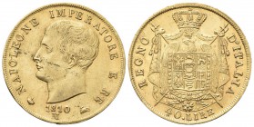 MILANO
Napoleone I Re d’Italia, 1805-1814. 40 Lire 1810 puntali aguzzi.
Au 
Dr. Testa nuda a s. Rv. Stemma coronato su padiglione sorretto da alaba...