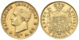 MILANO
Napoleone I Re d’Italia, 1805-1814. 40 Lire 1814 puntali sagomati.
Au 
Dr. Testa nuda a s. Rv. Stemma coronato su padiglione sorretto da ala...