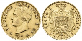 MILANO
Napoleone I Re d’Italia, 1805-1814. 40 Lire 1814 puntali sagomati.
Au 
Dr. Testa nuda a s. Rv. Stemma coronato su padiglione sorretto da ala...