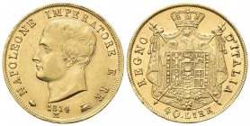 MILANO
Napoleone I Re d’Italia, 1805-1814. 40 Lire 1814 puntali sagomati.
Au 
Dr. Testa nuda a s. Rv. Stemma coronato su padiglione sorretto da ala...