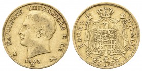 MILANO
Napoleone I Re d’Italia, 1805-1814. 20 Lire 1808 puntali aguzzi.
Au 
Dr. Testa nuda a s. Rv. Stemma coronato su padiglione sorretto da alaba...