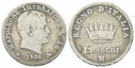 MILANO
Napoleone I Re d’Italia, 1805-1814. 15 Soldi 1808.
Ag 
Dr. Testa nuda a d. Rv. Corona ferrea radiata con valore. 
Pag. 48; Gig. 172.

Mol...