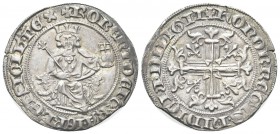 NAPOLI
Roberto d’Angiò, 1309-1343. Gigliato.
Ag gr. 3,95
Dr. ROBERT DEI GRA IIERL’ET SICIL’ REX. Il re, coronato, seduto tra due protomi di leoni, ...