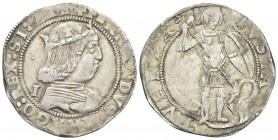 NAPOLI
Ferdinando I d’Aragona (Ferrante), 1458-1494. Coronato, sigla I.
Ag gr. 3,96
Dr. FERRANDVS ARAGO REX SI HIE. Busto coronato a d.; dietro, I....