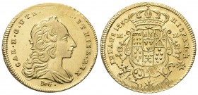 NAPOLI
Carlo di Borbone, 1734-1759. 6 Ducati 1750.
Au gr. 8,80
Dr. CAR D G UTR - SIC ET HIER REX. Busto drappeggiato a d.; sotto, DeG (Giovanni Cas...
