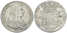 NAPOLI
Carlo di Borbone, 1734-1759. Piastra da 120 Grana 1750.
Ag gr. 24,43
Dr. CAR D G UTR - SIC ET HIER REX. Busto corazzato a d.; sotto, DeG. Rv...
