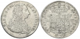 NAPOLI
Carlo di Borbone, 1734-1759. Piastra da 120 Grana 1750.
Ag gr. 24,60
Dr. CAR D G UTR - SIC ET HIER REX. Busto corazzato a d.; sulla spalla, ...