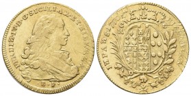 NAPOLI
Ferdinando IV (I) di Borbone, 1759-1816. 6 Ducati 1770, iniziali BP.
Au gr. 8,75
Dr. FERDINAN IV D G SICILIAR ET HIER REX. Busto infantile a...