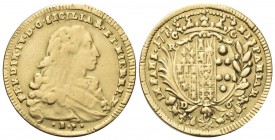 NAPOLI
Ferdinando IV (I) di Borbone, 1759-1816. 6 Ducati 1771.
Au gr. 8,65
Dr. FERDIN IV D G SICILIAR ET HIER REX. Busto infantile a d.; sotto, B P...