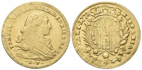 NAPOLI
Ferdinando IV (I) di Borbone, 1759-1816. 6 Ducati 1772, ribattuto 2 su 1.
Au gr. 8,79
Dr. FERDIN IV D G SICILIAR ET HIER REX. Busto infantil...