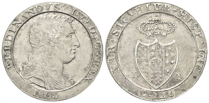 NAPOLI
Ferdinando IV (I) di Borbone, 1759-1816. Piastra da 120 Grana 1805, cape...