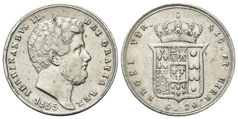 NAPOLI
Ferdinando II di Borbone, 1830-1859. Tarì da 20 Grana 1855.
Ag 
Dr. Te...